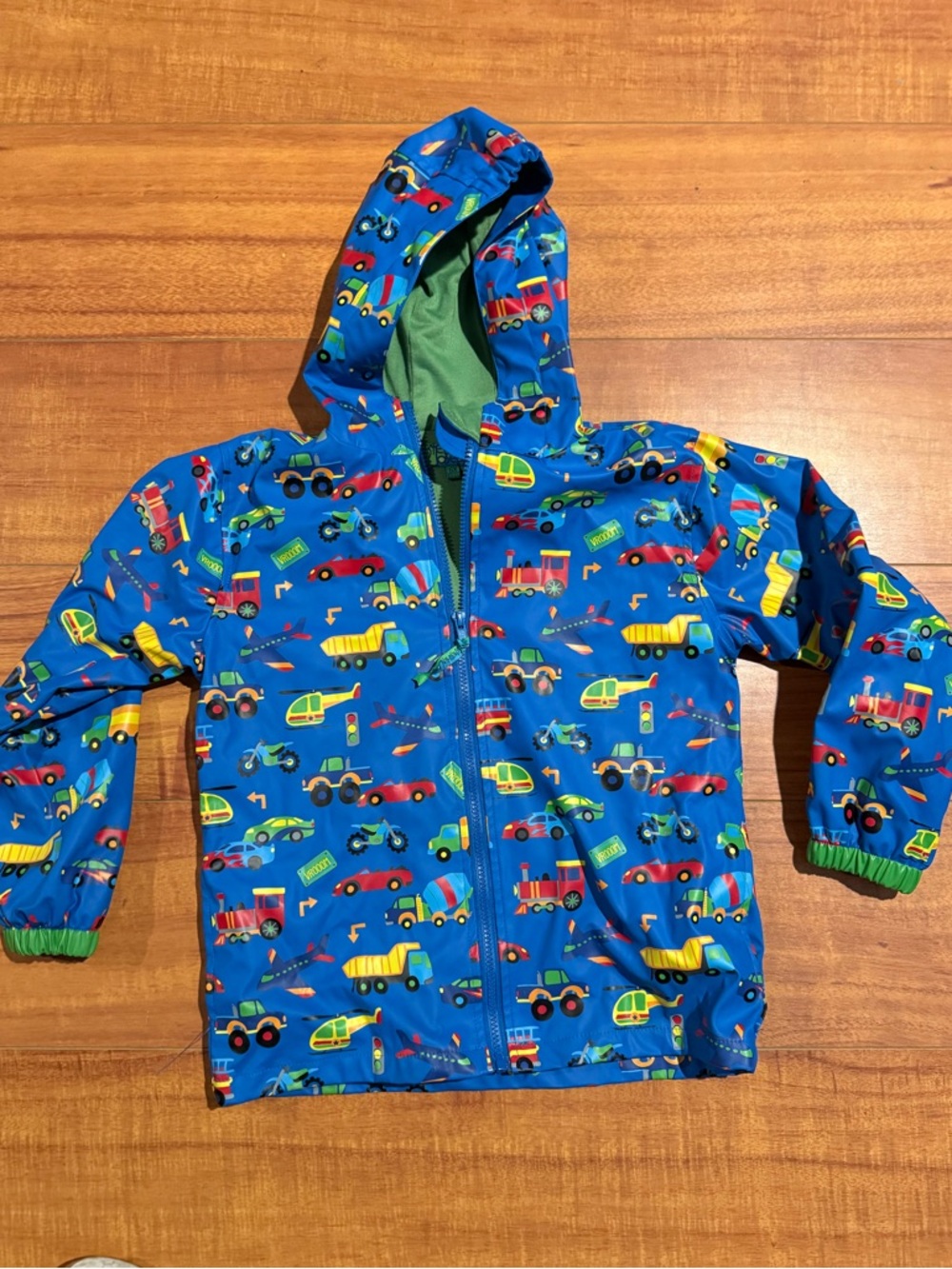Kids Blue Hooded Raincoat with Vehicle Print